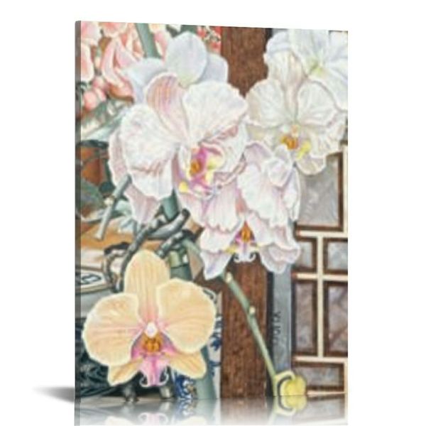 Décor mural gris, art mural de fleurs, images d'orchidées jaunes Imprimé toile pour chambre à coucher décoration murale peinture d'art floral