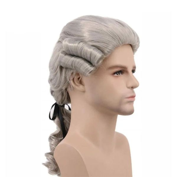 Avocat noir blanc gris juge baroque Curly masculin costume perruques de luxe de luxe halloween long synthétique Cosplay Wig + perruque CAP