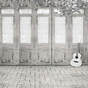 Grijze witte houten deur foto achtergrond vinyl doek gitar bakstenen vloer kinderen kinderen fotografie achtergrond vintage pasgeboren studio stand rekwisieten
