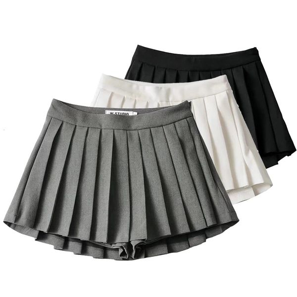 Gris large plissé mini jupes shorts OOTD High Street américain rétro solide Vintage blogueur Sexy femme blanc bas de base qualité 240112