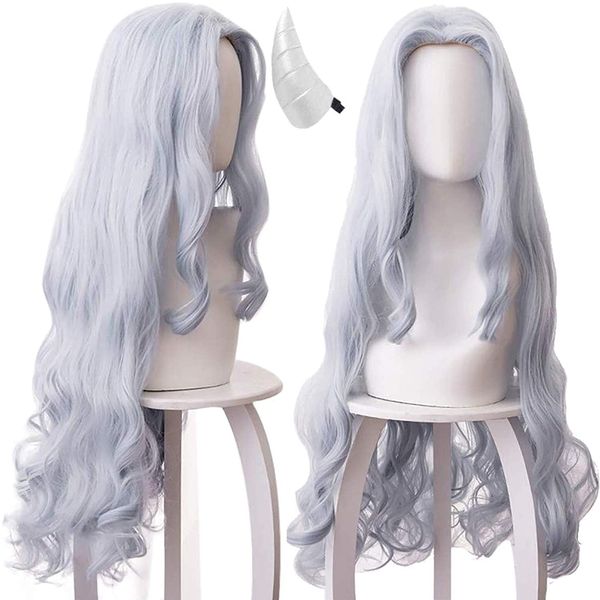 Perruque grise + 1 clip corne Anime Cosplay Costume synthétique longue perruques ondulées naturelles pour les filles