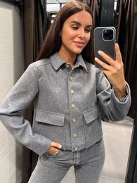 Abrigo de lana gris con solapa de un solo pecho para mujer elegante abrigo corto con bolsillo oblicuo abrigos de lana retro para mujer de otoño 231228