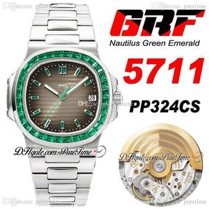 GRF 5711 Groene Emerald PP324CS A324 Automatische Mens Horloge Grijze Textuur Dial Stick Markers Rvs Armband Super Edition Hip Hop Sieraden Horloges Puretime