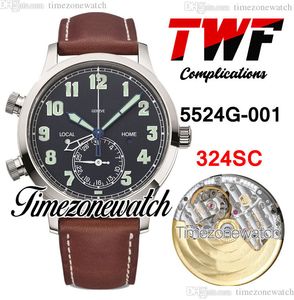 GRF Calatrava Pilot Travel Time Complicaties Mens Watch Cal.324 SC Ful A324 Automatisch 5524G-001 Blue Dial Steel Case 5524 Bruine lederen band TimeZoneWatch