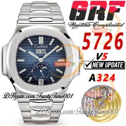 GRF V5 Calendrier annuel compliqué 5726 A324 Montre automatique pour homme Phase de lune Cadran bleu Marqueurs de bâton Bracelet en acier inoxydable Super Edition trustytime001Montres