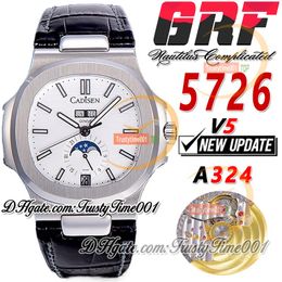 GRF V5 Calendrier annuel compliqué 5726 A324 Montre automatique pour homme Phase de lune Cadran blanc Marqueurs de bâton Boîtier en acier Bracelet en cuir Super Edition trustytime001Montres