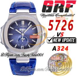 GRF V5 Calendrier annuel compliqué 5726 A324 Montre automatique pour homme Phase de lune Cadran bleu Marqueurs de bâton Boîtier en acier Bracelet en cuir SS Super Edition trustytime001Montres