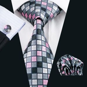 Grille gris rose soie cravate Hanky boutons de manchette hommes ensemble Jacquard tissé classique 8 5 cm largeur fête de mariage affaires N-0482199C