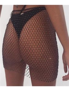 Grid Mesh Hollow Out Mini Rok voor vrouwen Fishnet Rok Sexy Beach Night Club Bikini Crops Cover Crystal Body Chain T2005078875469