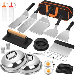 Bakplaatset, 25 stuks accessoires met platte bovenkant Blackstone en Camp Chef, grillspatelset met vergrote spatels, rijgdeksel, schraper, draagtas voor buitenbarbecue