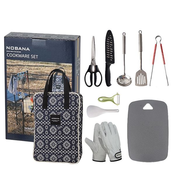 Juego de cocina para acampar a la parrilla para barbacoa al aire libre - Equipo de cocina de acero inoxidable para campamento de caravanas Utensilios de cocina Herramienta para parrilla Kit de accesorios para acampar en un estilo ligero y elegante