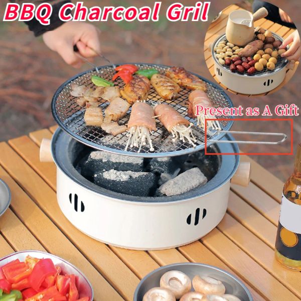 Grills Barbecue à charbon de bois portable avec filet de gril, table compacte ronde en acier inoxydable, poêle de barbecue domestique fendue