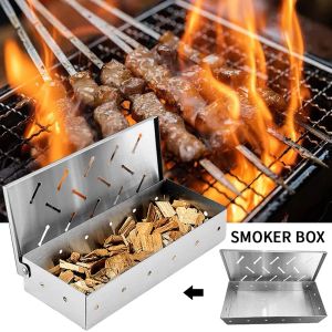 Grills Smoker Box BBQ Smoker Box Wood Chips voor buitenbuiten houtskoolgas barbecue grill vlees met rooksmaak accessoires
