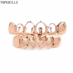 Grills topgrillzreal glanzend! Nieuwe Custom Fit Rose Gold Color Geplaatste Vampire Four Open Face Hallow Gold Grillz Set voor kerstcadeau. Party