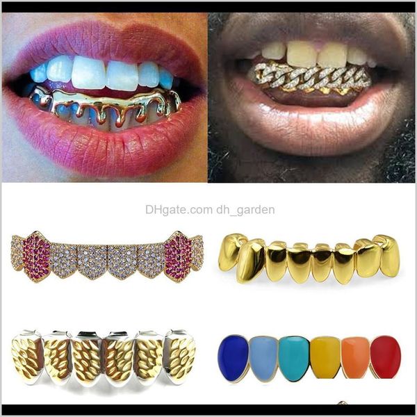 Grillz, Bijoux de corps Or véritable 18 carats Bretelles Punk Hiphop Mticolor Diamant Dents inférieures personnalisées Grillz Dentaire Bouche Fang Grills Dent Cap Vampire