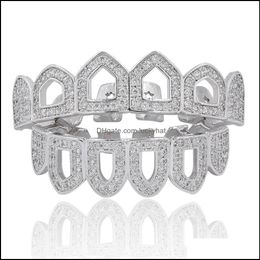 Grillz, Bijoux de corps Jewelrymens Hip Hop Grillz Ensemble de 2 pièces de luxe Bling Zircon Dents Bretelles Mode Or 18K Plaqué Rhodium Géométrique Hollo