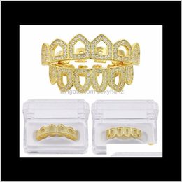 Grillz, tandheelkundige sieraden drop levering 2021 Iced out grillz micro pave cz pure gouden kleur vergulde bovenkant zes 6 open gezicht ijs uit heup