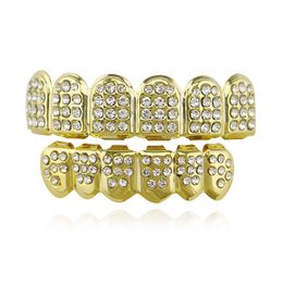 Gas buiten grills grillz tandheelkundige juweel juwelengold hiphop ijs uit cz diamanten top sier hiphop sieraden gouden tanden strass rhinestone topbottom set shin