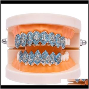 Grillz, livraison directe dentaire 2021 couleur argent glacé 1414 or Grillz accessoires en cristal haut bas grilles dents bijoux de corps Hip Hop Bling