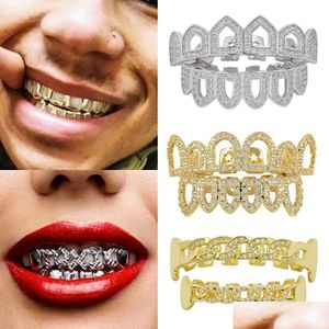 Grillz Dental Grills Or 18K Hip Hop Fl Diamant Dents Creuses Grillz Iced Out Fang Bretelles Dent Cap Vampire Cosplay Rappeur Bijoux Dhhaf