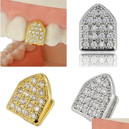 Grillz Tandheelkundige Grills 18K Vergulde Koperen Tanden Bretels Punk Hip Hop Diamant Enkele Grillz Mond Fang Fake Tooth Cap Cosplay Rappe Dh8P0