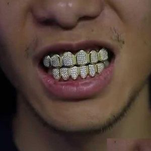 Grillz Dental Grills 18K verguld koper Hip Hop Iced Out Vampire Teeth Fang Grillz Mouth Braces Tooth Cap Rock Rapper Sieraden F Dhbfx