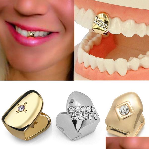 Grillz, parrillas dentales de 18 km de oro de diamantes de diamantes de un solo diamante grillz punk hip hop boquero abolio tope de dientes falso de cospla de cospla de vestuario DHRPX