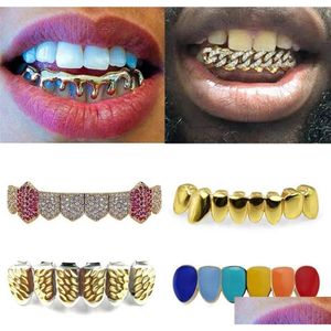 Grillz Griglie dentali Oro 18 carati Bretelle Punk Hip Hop Mticolor Diamante Fondo personalizzato Grillz Bocca dentale Fang Griglie Tappo per denti V242h