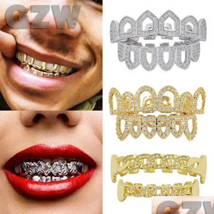 Grillz Dental Grills 18K Real Gold Diamant Creux Dents Bouche Glacé Fang Bretelles Dent Cap Vampire Fl Punk Hip Hop Rappeur Bijoux Fo Otg0Q