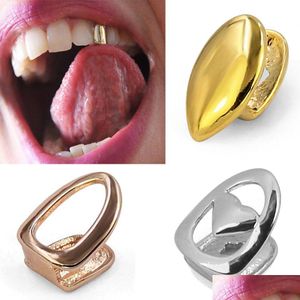 Grillz, Grills dentaires 18 carats en or véritable creux à dents simples Grillz Bretelles Punk Hiphop Bouche Dentaire Fang Grills Dent Cap Cosplay Costume H Dhtfh