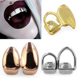 Grillz Dental Grills 18K Real Gold Punk Hip Hop Double Fang Tooth Cap Cosplay Halloween Costome Party Vampire Rapper Lichaam Sieraden Groothandel