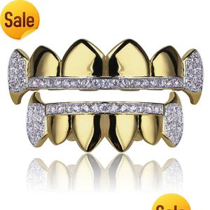 Grillz, Grills dentaires 18 carats Dents en or véritable Grillz Caps Glacé Haut Bas Vampire Fangs Grill Dentaire Ensemble En Gros Drop Livraison Jewe Dhzbt