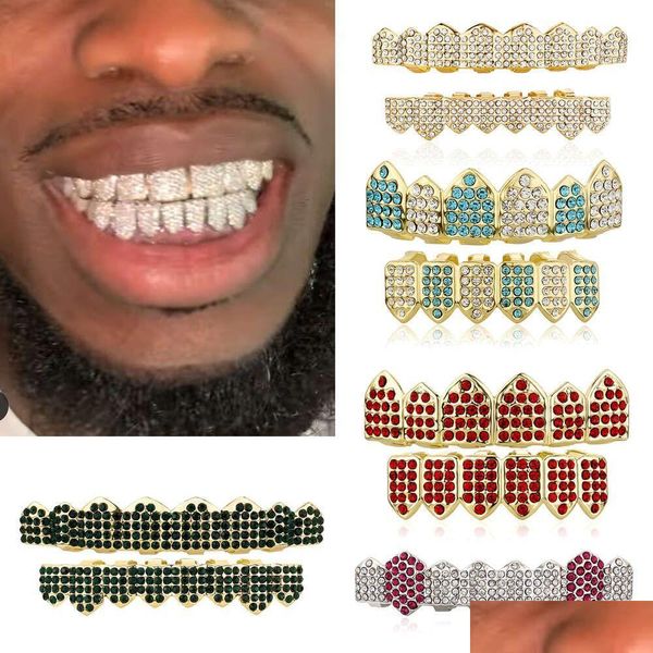 Grillz Dental Grills 18k Real Gold Vampire Tooth Punk Hip Hop Bling Rhinestone Iced Out Diamond Braces Bouth Cap Halloween Cosplay Rap Dhxtp