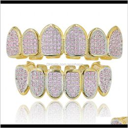 Grillz Dental Grills Auténtico Goldplateado Microinlaid Hip Hop Dientes Pink Zircon Soporte Big Gold Diente Joyería Fpykg Njlqt