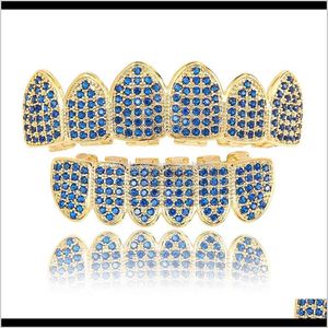 Grillz, Dental Grills Body Sieraden Drop levering 2021 Blue Micro-ingelegde zirkoon Hip Hop Grillz Hip-Hop Braces Milieubescherming Koper