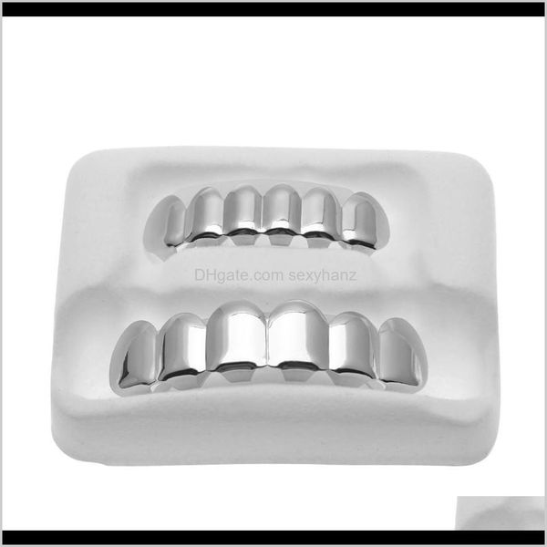 Grillz, Grills dentaires Bijoux de corps Drop Delivery 2021 Véritable plaqué or brillant Sier Hip Hop Grillz Top Bootom Groll Set avec dents de vampire Sile