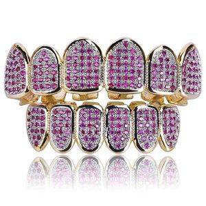 Grillz Dental Grills Custom Fit Hiphop Gouden Tanden Caps Micro Pave Fuchsia Zirconia Top Bottom Set voor kerstcadeau Vrouwen Drop Dhkaw