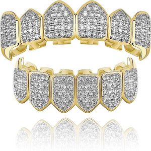 Grillz, Dental Grills Diamond Grill, Fit Your Teeth Ladies 18 K Gold Plated Full Ice CZ Vampire Upper Lower Face Boca Hombres con extra molding Rod Hornplay Costume,