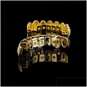 Grillz Dental Grills Fashion Gold Ploated Bling CZ Natural Opal Tands Grillz Set top bodem grills tandheelkundige rapper sieraden drop leveren dhvx6