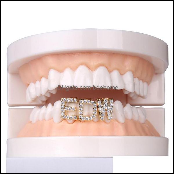 Grillz Dental Grills Gold Sier Couleur Iced Out A-Z Lettre personnalisée Grillz Fl Diamond Dents Grills Dent Cap Hip Hop Dentaire Accolades Dhgl9