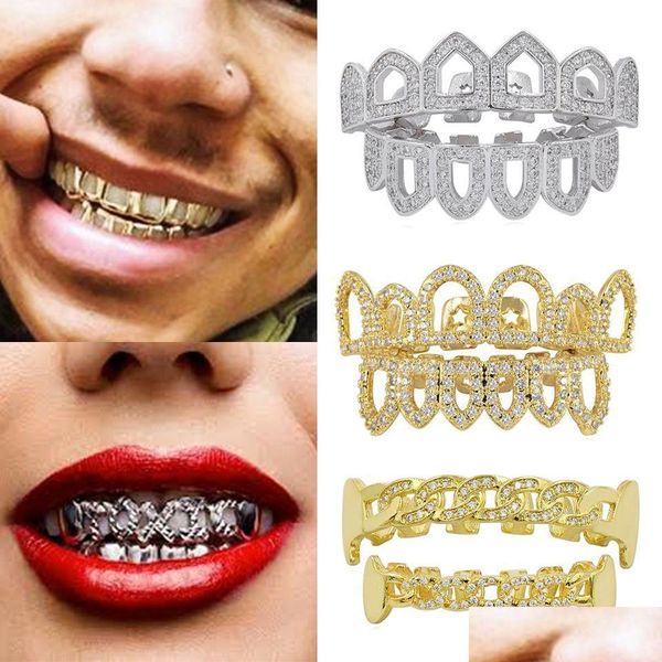 Grillz Dental Grills Grillz 18K Oro Hip Hop FL Diamante Dientes huecos helados Colmillo Tirantes Diente Cap Vampiro Cosplay Rapero Joyería Dhl7J