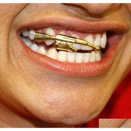 Grillz Dental Grills Gun Shape Tanden Hip Hop Rapper Mannen Vrouwen Top Bottom Single Teethgrillz Tandclips Partij Sieraden Goud Sier Col Dhb74