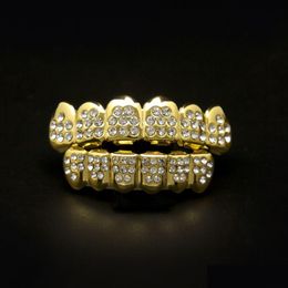 Grillz, Grills dentaires Hip Hop Gold Sier 8 dents en diamant Grillz Set Bling Iced Out Faux Grills dentaires pour femmes hommes S Hiphop Body Jewe Dhf30