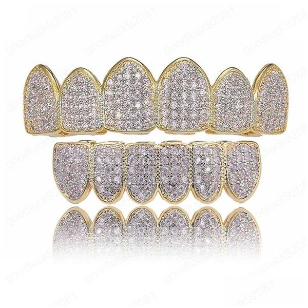 Grillz Dental Grills Hip Hop Grillz Pave Pink Cz Stone Iced Out Boca Dientes Caps Top Bottom Tooth Set Color dorado Hombres Mujeres Vampire Dhpy1