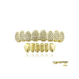 Grillz Dental Grills Hip Hop Grillz Real Gold Plated Dental Grills Rapper Body Jewelry Accesorios de Halloween Party Toy Diamonds Upp Dhlhx