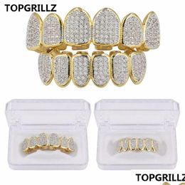 Grillz Dental Grills Hip Hop Iced Out Cz Gold Teeth Grillz Caps Top and Bottom Diamond Tooth Grillzs Set para hombres Mujeres Regalo Drop De Dhmqo
