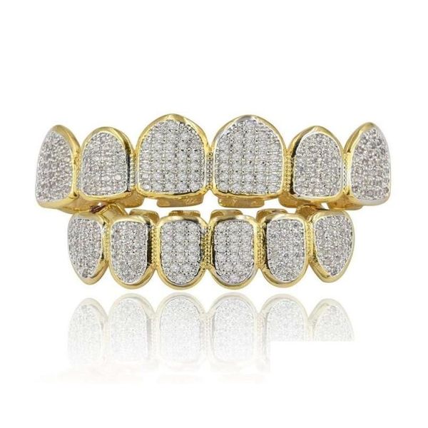 Grillz Dental Grills Hip Hop Hombres Mujeres Calle Moda Grado Calidad Bling Zirconia Micro Pavimentado Dientes Tirantes Lujo 18K Chapado en oro Co Ot8Md