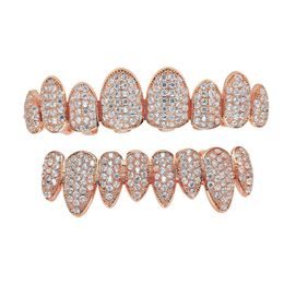 Grillz Dental Grills Hiphop Rock Gold Rosegold White Zircon Dientes Nuevo Llega Cobre Superior Inferior Tirantes para Hombre Mujer Drop Entrega DH8D1