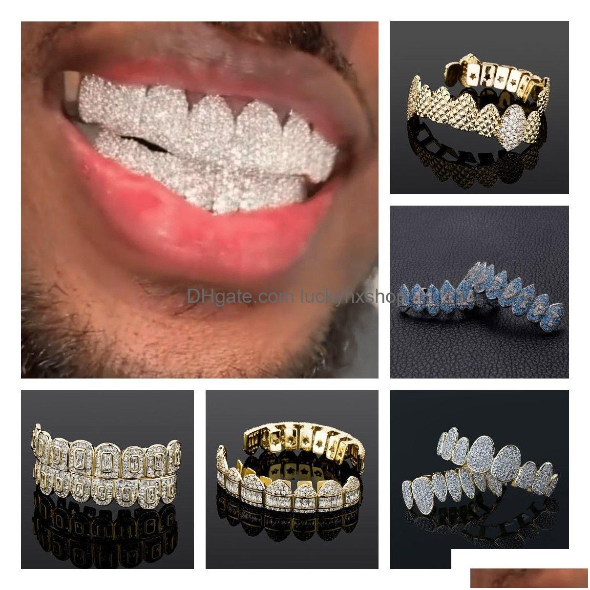 Grillz, grille dentystyczne lodowane z sześciennej cyrkonu biżuteria 18k prawdziwy złoty punkowy hip hop Jezus Fang Grillz Brace Fl Diamond Vampire Dhobz