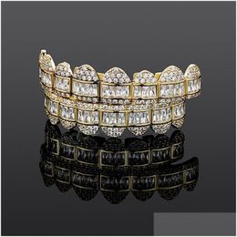 Grillz Dental Grills Iced Out Out Grillz Tanden Bling Square Zirkon Stone Tooth Sieraden voor mannen Women Fashion Drop Delivery Body Dhfic